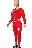 Red Modest Sports Webbing Spliced Letter Printed Long Sleeve Jaket Coat Skinny Pants Baseball Uniform Sets WM21011-2