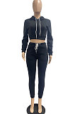 Dark Green Lady Autumn Winter Sexy Casual Crop Hoodie Bandage Zipper Sweater And Velvet Pants Sets JP1056-3