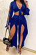 Blue Women Sexy Deep V Collar Pure Color High Waist Hollow Out Spliced Pants Sets KA7214-4