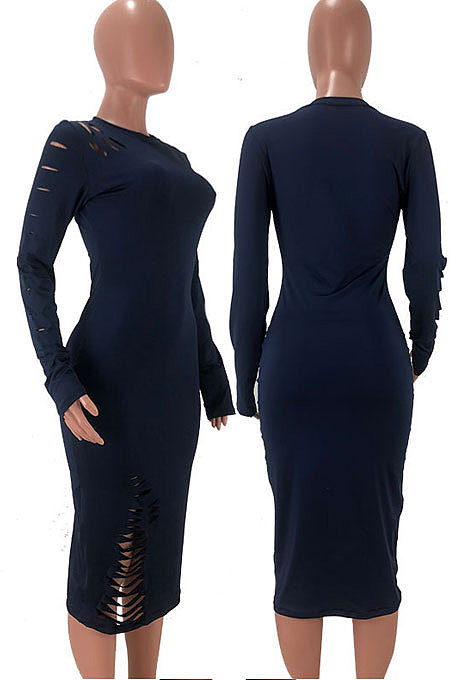 Black Night Club Women's Long Sleeve Round Neck Hollow Out Bodycon Dress YX9043-5