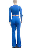 Wine Red Women Trendy Pure Color Round Collar Long Sleeve Crop Bandage Loose Pants Sets JP1053-3