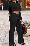 Wine Red Women Trendy Pure Color Round Collar Long Sleeve Crop Bandage Loose Pants Sets JP1053-3