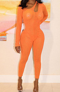 Orange Sexy Night Club See-Through Long Sleeve Solid Color Bodycon Jumpsuits YT3292-4
