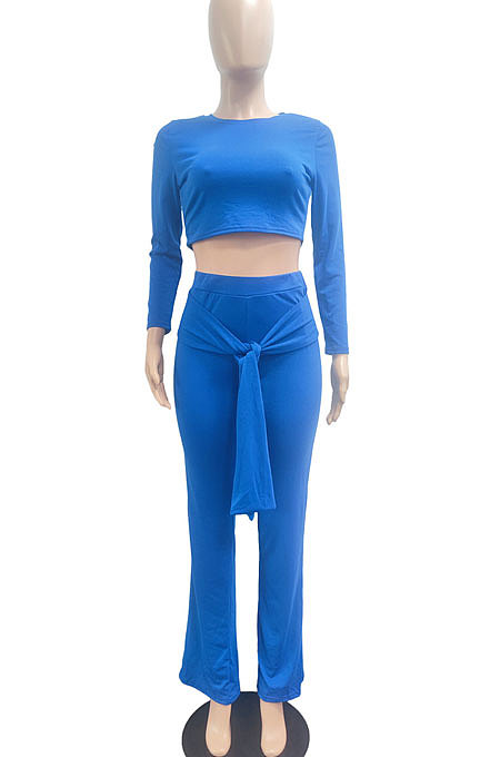 Black Women Trendy Pure Color Round Collar Long Sleeve Crop Bandage Loose Pants Sets JP1053-1