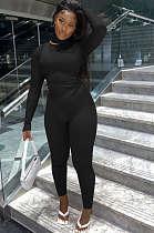 Black Women Solid Color High Collar Ribber Irregular Top Pants Sets ED8531-3