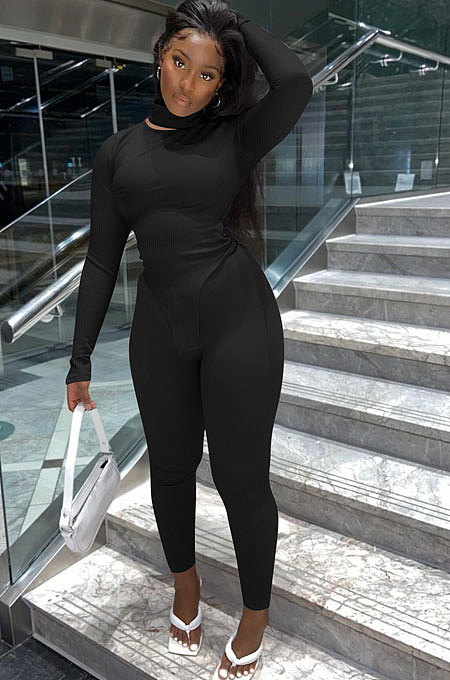 Black Women Solid Color High Collar Ribber Irregular Top Pants Sets ED8531-3