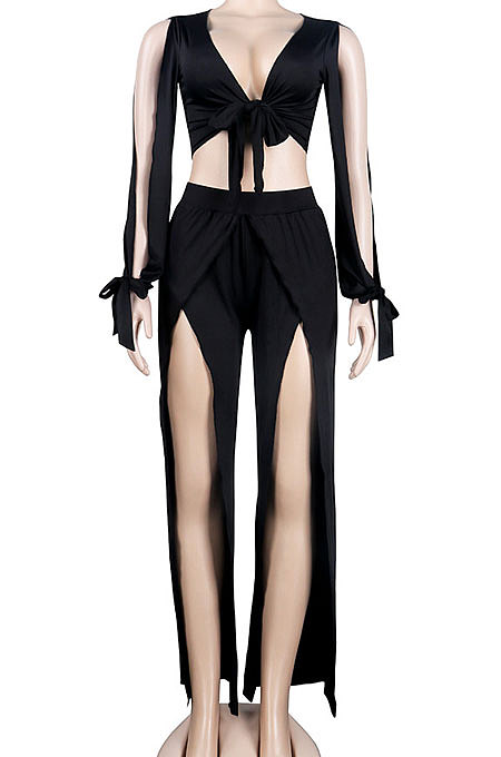 Wine Red Women Sexy Deep V Collar Pure Color High Waist Hollow Out Spliced Pants Sets KA7214-3