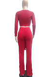 Wine Red Women Trendy Pure Color Round Collar Long Sleeve Crop Bandage Loose Pants Sets JP1053-3