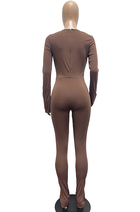 Wine Red Women Solid Color Casual Round Collar Long Sleeve Hollow Out Ruffle Sleeve Split Bodycon Jumpsuits JP1055-2