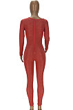 Blue Sexy Night Club See-Through Long Sleeve Solid Color Bodycon Jumpsuits YT3292-3