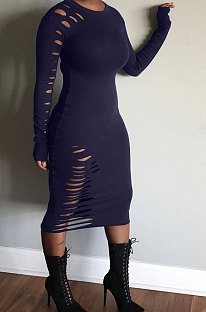 Navy Blue Night Club Women's Long Sleeve Round Neck Hollow Out Bodycon Dress YX9043-2