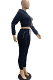 Dark Green Lady Autumn Winter Sexy Casual Crop Hoodie Bandage Zipper Sweater And Velvet Pants Sets JP1056-3
