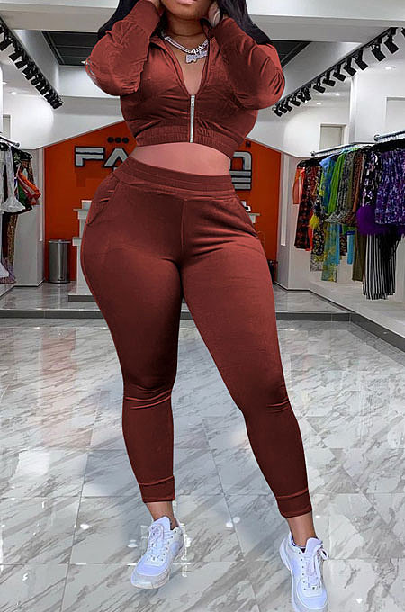 Brown Euramerican Women Pure Color Fashion Pleuche Hoodie Coat Zipper Pants Sets ED8535-2