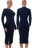 Wine Red Night Club Women's Long Sleeve Round Neck Hollow Out Bodycon Dress YX9043-1
