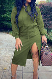 Light Grey Preppy Casual Long Sleeve Drawsting Bandage Slit Hoodie Dress WM21104-2