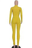 Red Women Solid Color High Collar Ribber Irregular Top Pants Sets ED8531-2