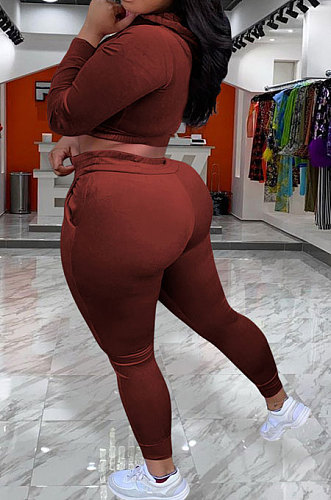 Brown Euramerican Women Pure Color Fashion Pleuche Hoodie Coat Zipper Pants Sets ED8535-2