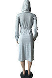 Green Preppy Casual Long Sleeve Drawsting Bandage Slit Hoodie Dress WM21104-1