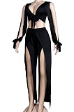 Olive Green Women Sexy Deep V Collar Pure Color High Waist Hollow Out Spliced Pants Sets KA7214-5