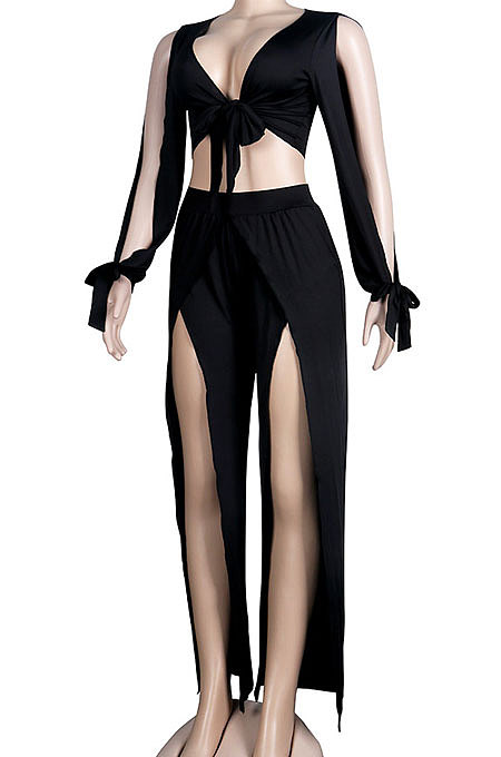 Wine Red Women Sexy Deep V Collar Pure Color High Waist Hollow Out Spliced Pants Sets KA7214-3