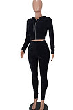 Black Euramerican Women Pure Color Fashion Pleuche Hoodie Coat Zipper Pants Sets ED8535-1