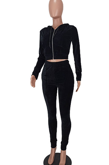 Black Euramerican Women Pure Color Fashion Pleuche Hoodie Coat Zipper Pants Sets ED8535-1