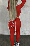 Red Lady Autumn Winter Sexy Casual Crop Hoodie Bandage Zipper Sweater And Velvet Pants Sets JP1056-4