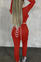 Red Lady Autumn Winter Sexy Casual Crop Hoodie Bandage Zipper Sweater And Velvet Pants Sets JP1056-4