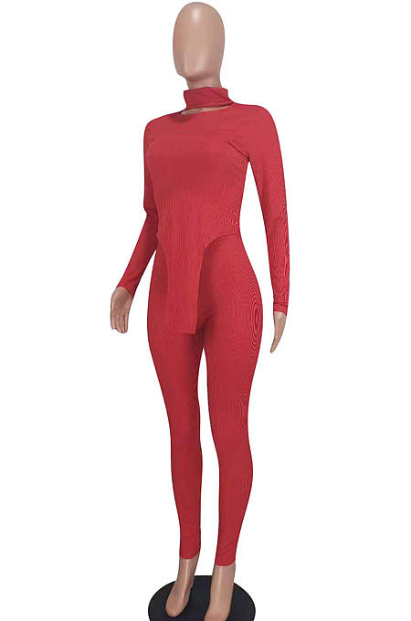 Red Women Solid Color High Collar Ribber Irregular Top Pants Sets ED8531-2