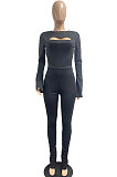 Black Women Solid Color Casual Round Collar Long Sleeve Hollow Out Ruffle Sleeve Split Bodycon Jumpsuits JP1055-1