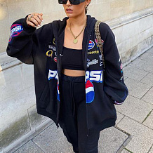 Black Women Long Sleeve Cardigan Zipper Printing Loose Casual Hoodie Coat HJC8077