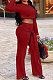 Wine Red Women Trendy Pure Color Round Collar Long Sleeve Crop Bandage Loose Pants Sets JP1053-3