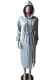 Green Preppy Casual Long Sleeve Drawsting Bandage Slit Hoodie Dress WM21104-1