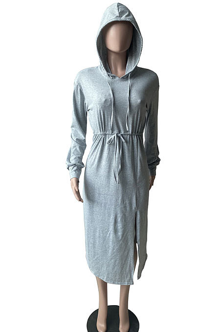 Green Preppy Casual Long Sleeve Drawsting Bandage Slit Hoodie Dress WM21104-1