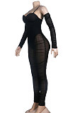Black Women Sexy Strapless Condole Belt Solid Color Long Sleeve Perspectivity Bodycon Jumpsuits KA7216-1
