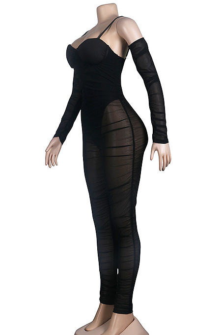Black Women Sexy Strapless Condole Belt Solid Color Long Sleeve Perspectivity Bodycon Jumpsuits KA7216-1