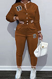 Red Modest Sports Webbing Spliced Letter Printed Long Sleeve Jaket Coat Skinny Pants Baseball Uniform Sets WM21011-2