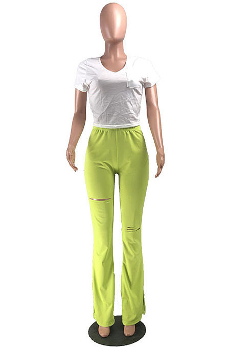 Pink Simple New Pure Color Hole Hem Slit Bodycon Pants YMT6238-3