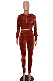 Black Euramerican Women Pure Color Fashion Pleuche Hoodie Coat Zipper Pants Sets ED8535-1