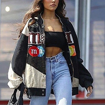 Black Women Long Sleeve Fashion Printing Cardigan Casual Stand Collar Short Coat HJC8121-2