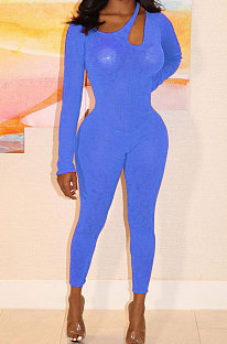 Blue Sexy Night Club See-Through Long Sleeve Solid Color Bodycon Jumpsuits YT3292-3