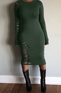 Dark Green Night Club Women's Long Sleeve Round Neck Hollow Out Bodycon Dress YX9043-4