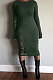 Dark Green Night Club Women's Long Sleeve Round Neck Hollow Out Bodycon Dress YX9043-4