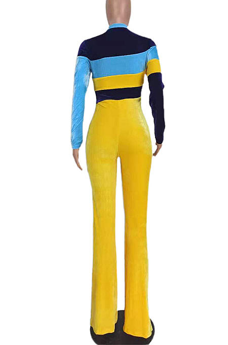 Yellow Women Sexy Velvet Spliced Long Sleeve Zipper Mid Wasit Casual Jumpsuits  ED8532-2