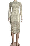 Golden Sexy Euramerican Backless Sequins Bodycon Hip High Waist Midi Dress KA7213-3