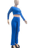Gray Women Trendy Pure Color Round Collar Long Sleeve Crop Bandage Loose Pants Sets JP1053-2
