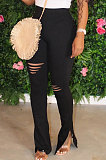 Black Simple New Pure Color Hole Hem Slit Bodycon Pants YMT6238-2