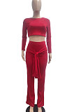 Gray Women Trendy Pure Color Round Collar Long Sleeve Crop Bandage Loose Pants Sets JP1053-2