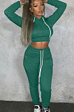 Dark Green Lady Autumn Winter Sexy Casual Crop Hoodie Bandage Zipper Sweater And Velvet Pants Sets JP1056-3
