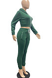 Dark Green Lady Autumn Winter Sexy Casual Crop Hoodie Bandage Zipper Sweater And Velvet Pants Sets JP1056-3